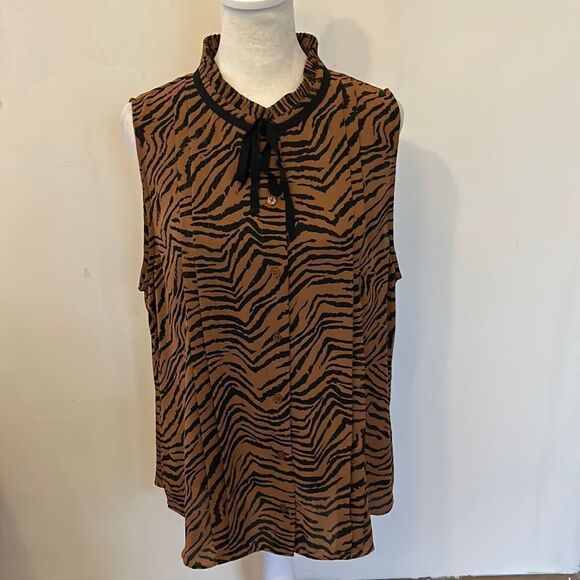 WHBM animal print sleeveless button front blouse with ruffle neck Size L - Picture 1 of 10